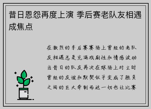 昔日恩怨再度上演 季后赛老队友相遇成焦点