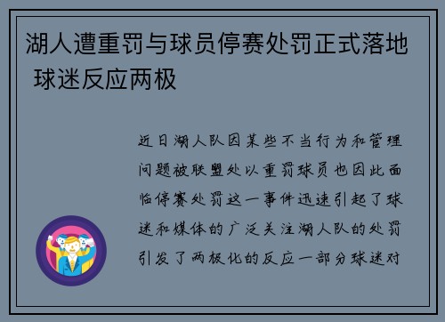 湖人遭重罚与球员停赛处罚正式落地 球迷反应两极