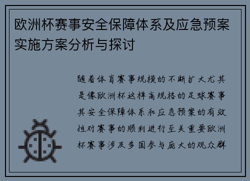 欧洲杯赛事安全保障体系及应急预案实施方案分析与探讨
