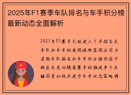 2025年F1赛季车队排名与车手积分榜最新动态全面解析